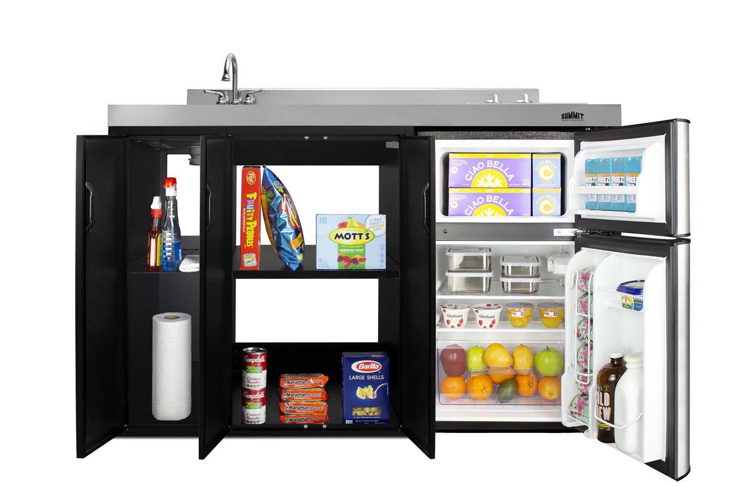 54 inch wide all-in-one kitchenette in black with a removable 2-burner 115V smooth top cooktop, 2-door refrigerator-freezer, sink, and two storage cabinets